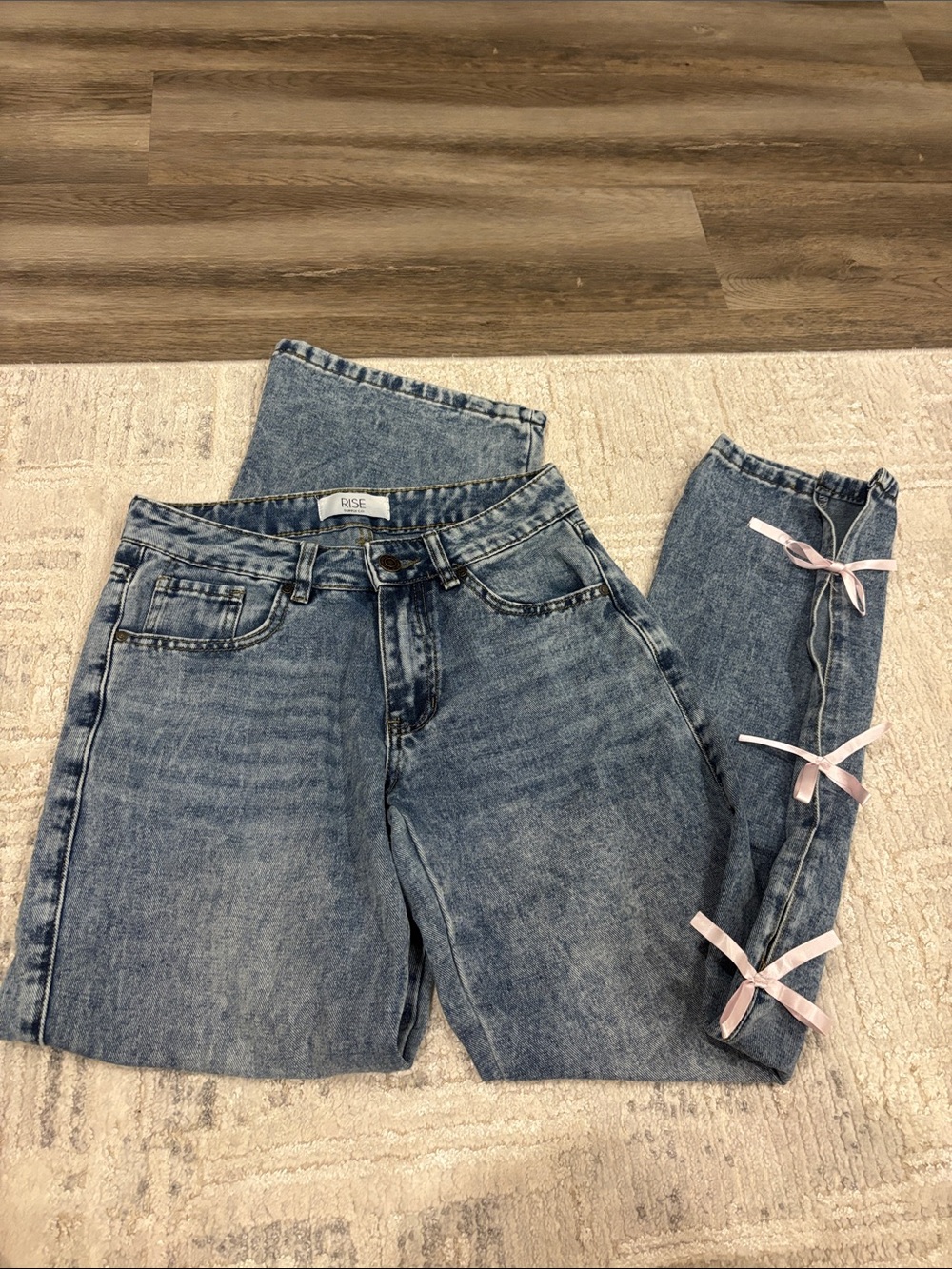 High-Rise Light Blue Straight-Leg Jeans with Side Ribbon Detail